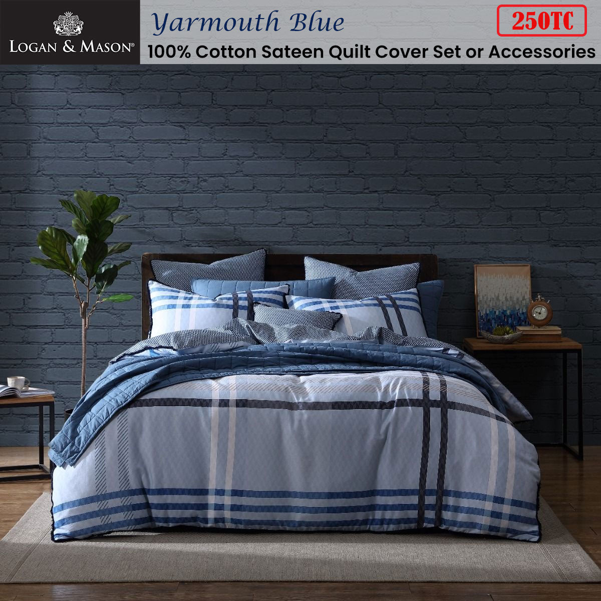 Logan & Mason Yarmouth Blue 250TC 100% Cotton Sateen Quilt Cover Set Double