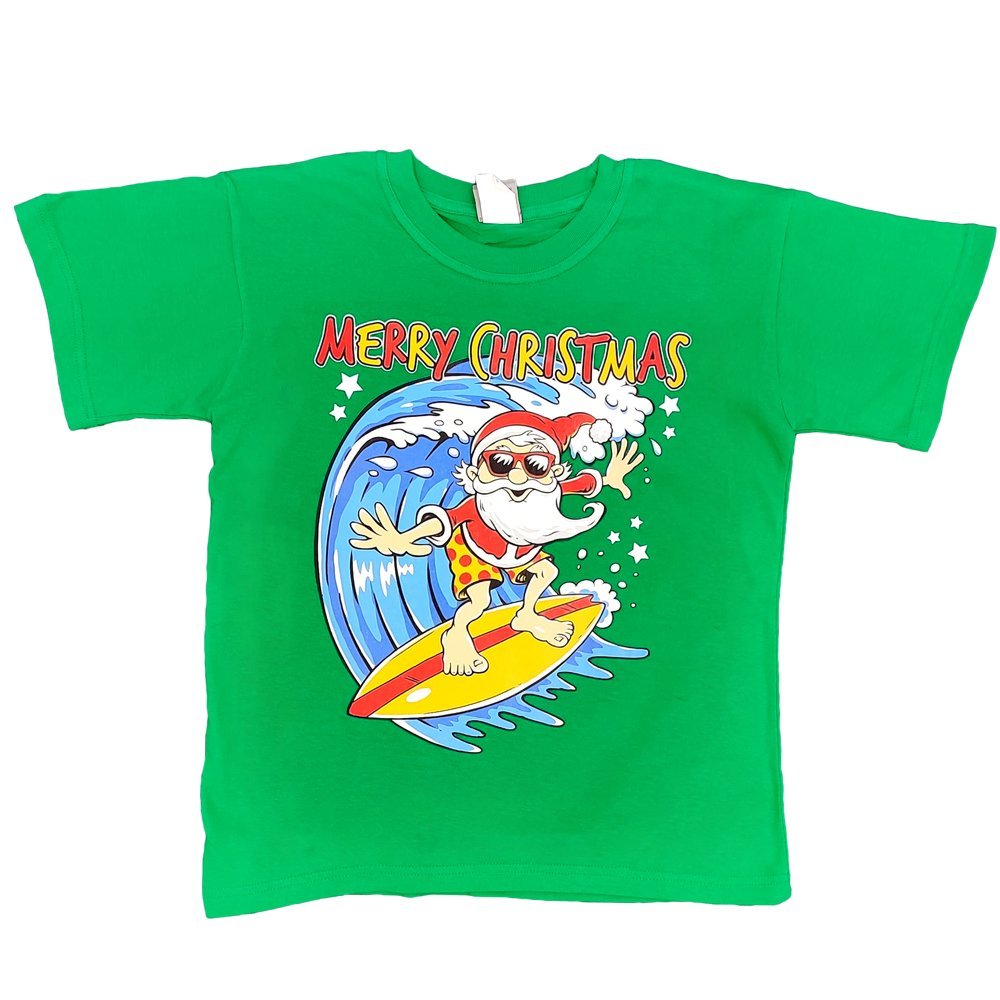 Funny Adult Xmas Christmas T Shirt 100% Cotton Santa Surf (Green), XS