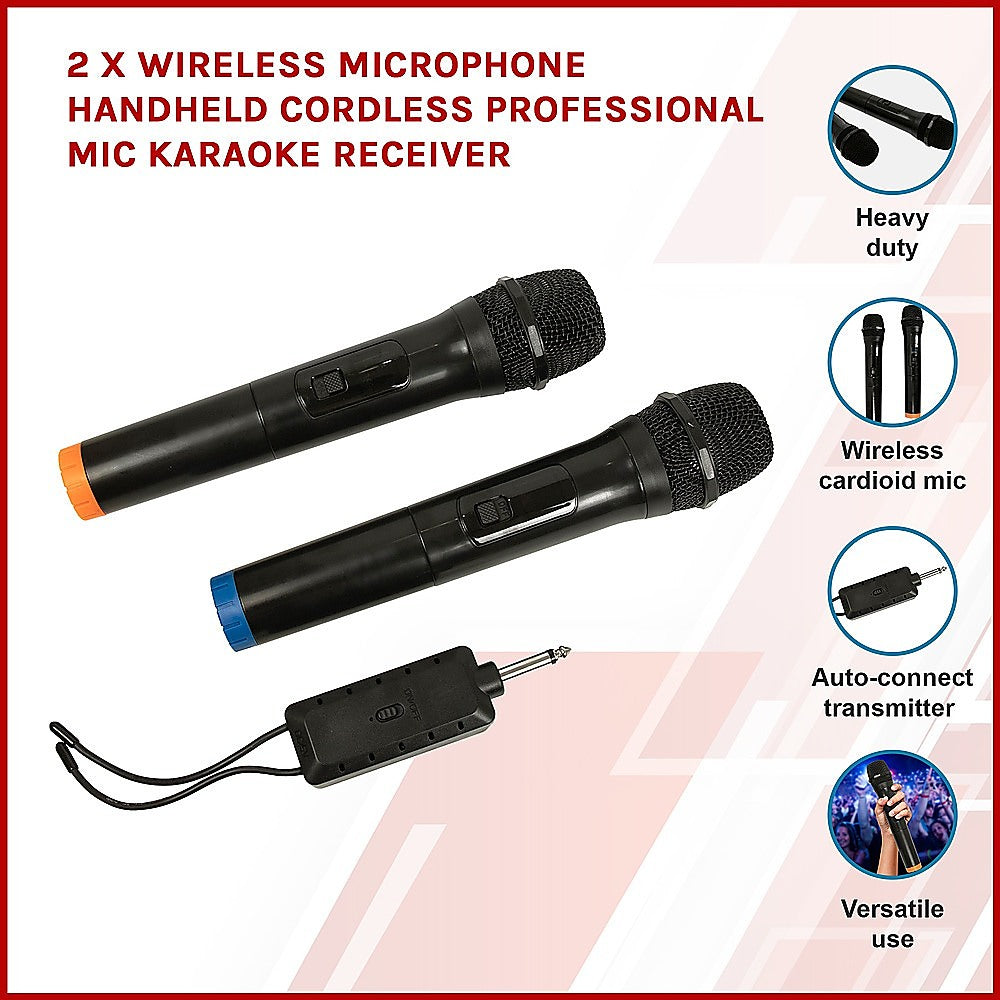 2 x Wireless Microphone Handheld Cordless Professional Mic Karaoke Receiver