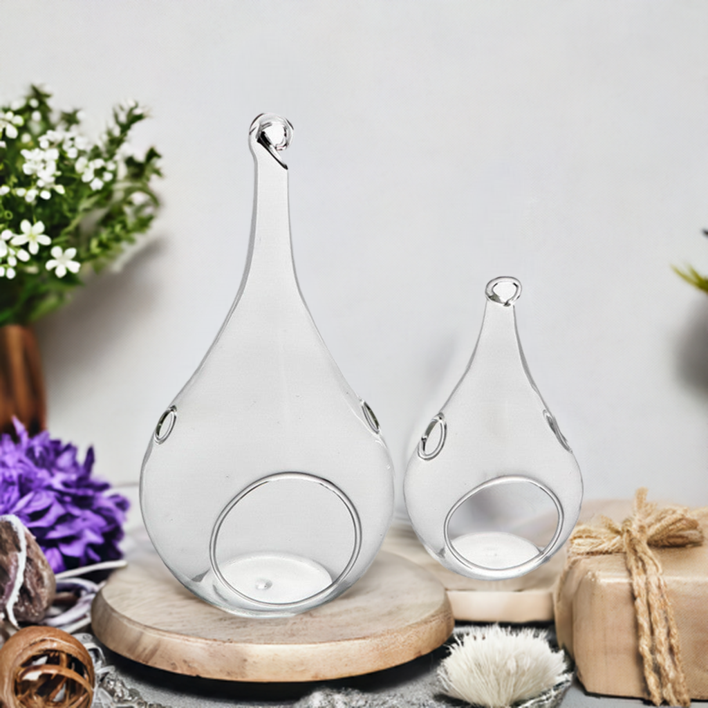 25 x Hanging Clear Glass Tealight Candle Holder Tear Drop Pear Hour Glass Shape - 20cm High