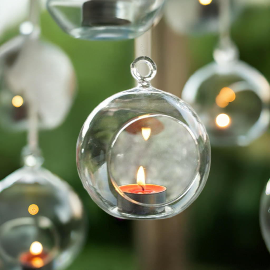 24 x Hanging Clear Glass Ball Tealight Candle Holder  - 10cm Diameter / High