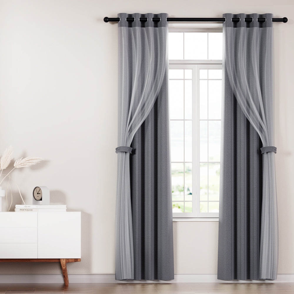 Artiss 2X 132x160cm Blockout Sheer Curtains Charcoal