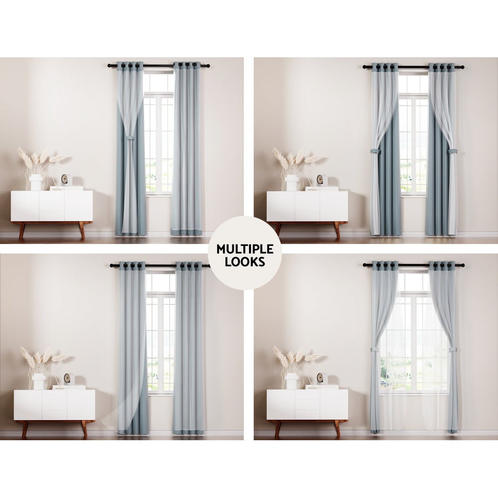 Artiss 2X 132x160cm Blockout Sheer Curtains Light Grey