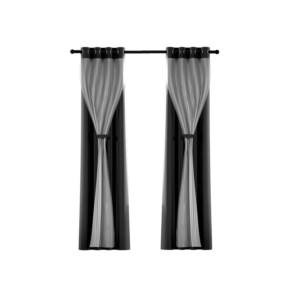 Artiss 2X 132x213cm Blockout Sheer Curtains Black