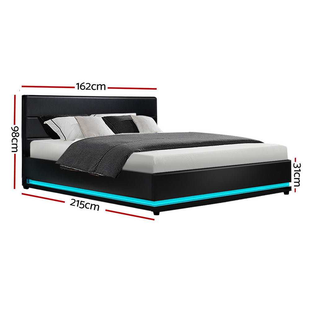 Artiss Bed Frame Queen Size LED Gas Lift Black LUMI