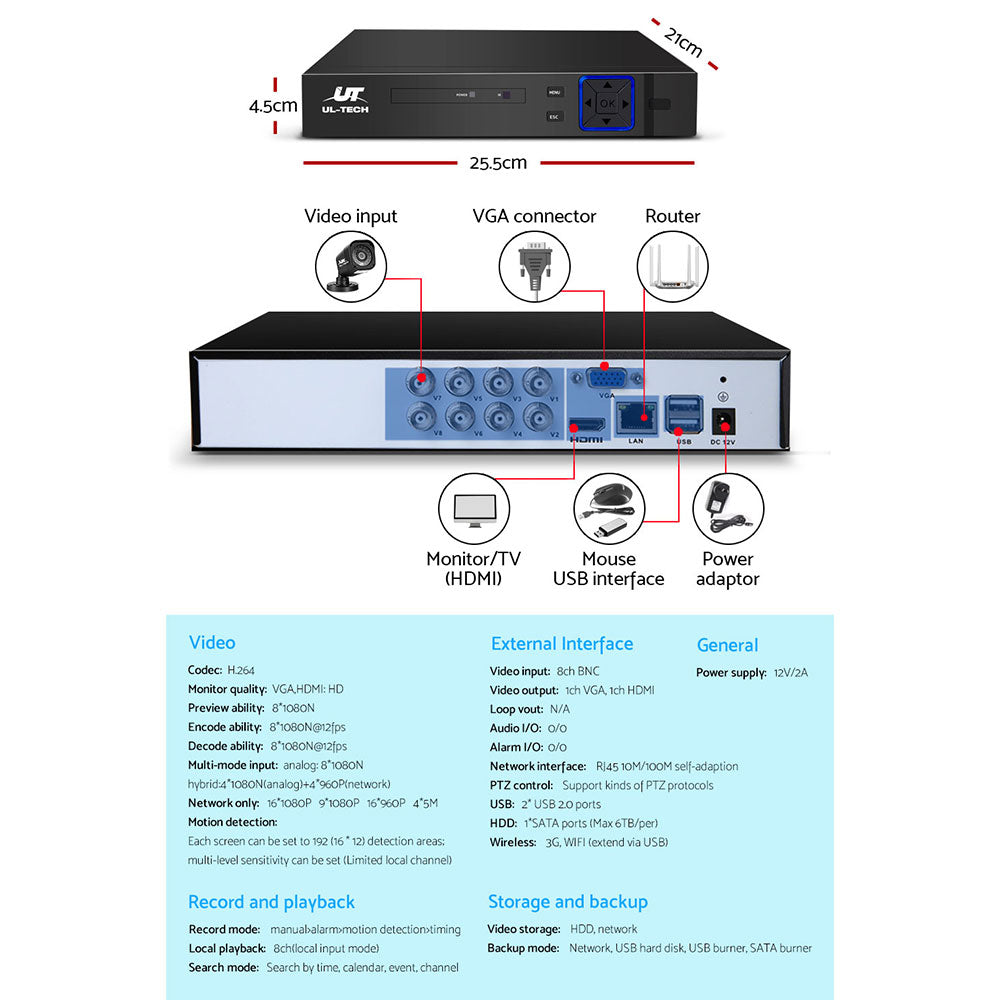 UL-tech CCTV Security System 8CH DVR 4 Cameras 1TB Hard Drive