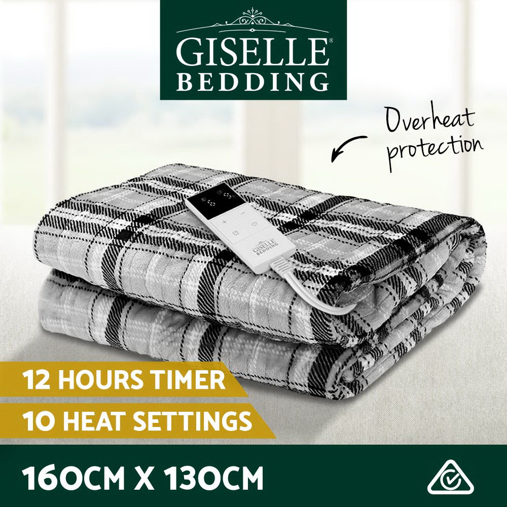 Giselle Bedding Electric Throw Rug Flannel Snuggle Blanket Washable Heated Grey and White Checkered