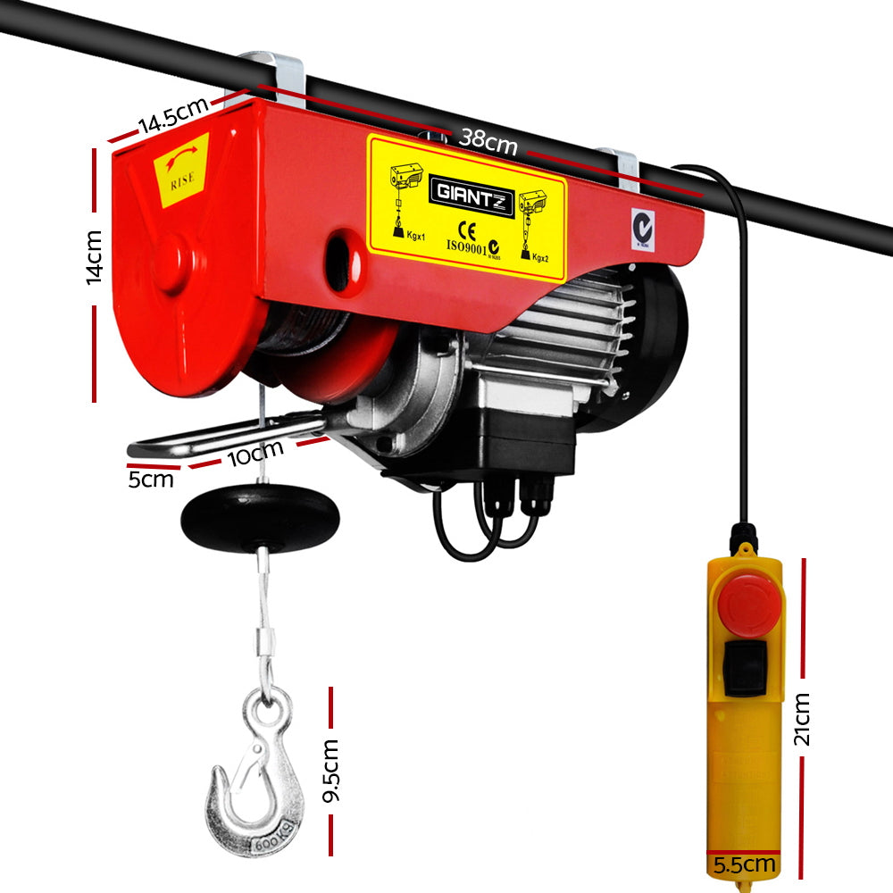 Giantz Electric Hoist Winch 300/600KG Cable 18M Rope Tool Remote Chain Lifting