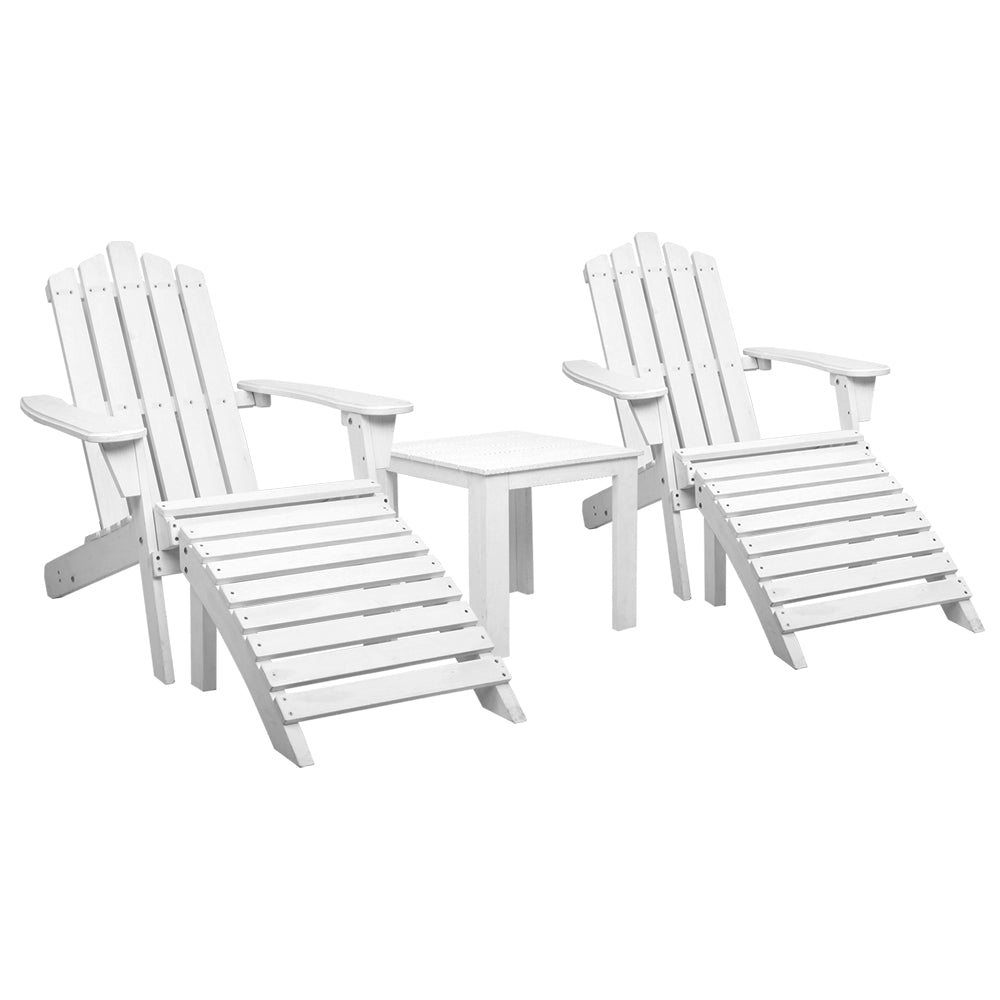 Gardeon 5PC Adirondack Outdoor Table and Chairs Wooden Sun Lounge Patio Furniture White