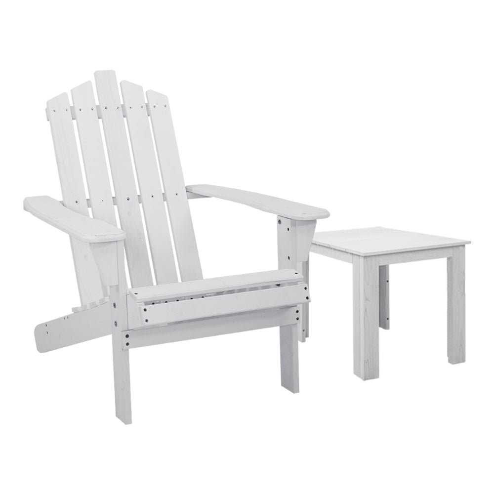 Gardeon 2PC Adirondack Outdoor Table and Chair Wooden Beach Chair Patio Furniture White