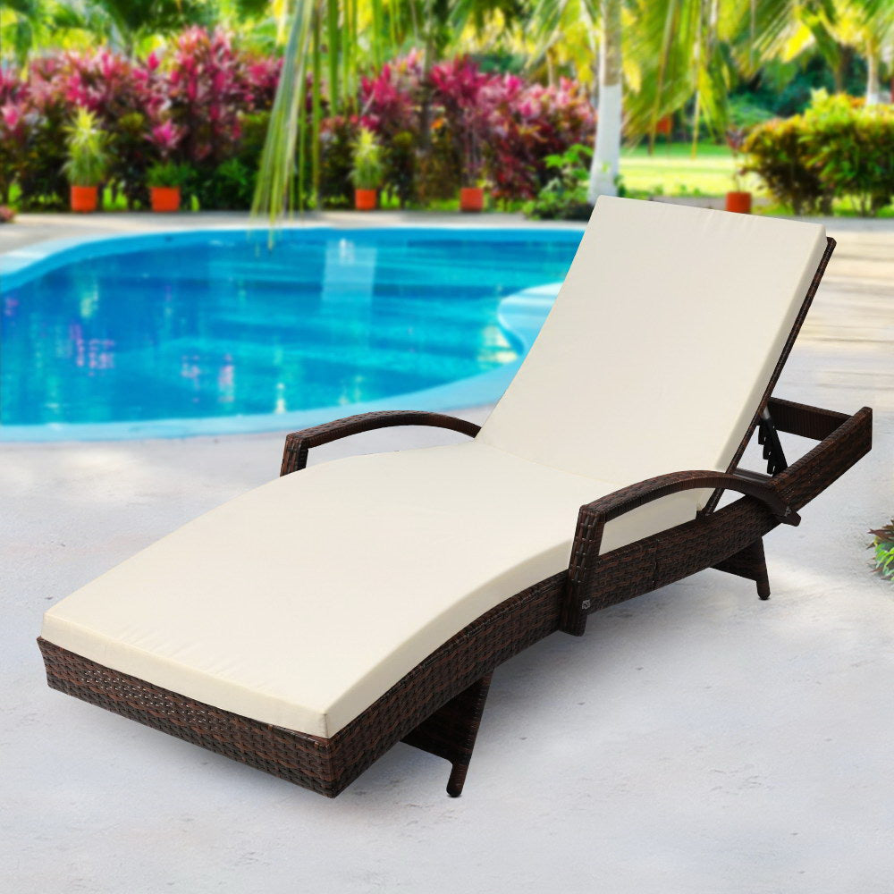 Gardeon Sun Lounge Wicker Lounger Outdoor Furniture Beach Chair Patio Adjustable Cushion Brown