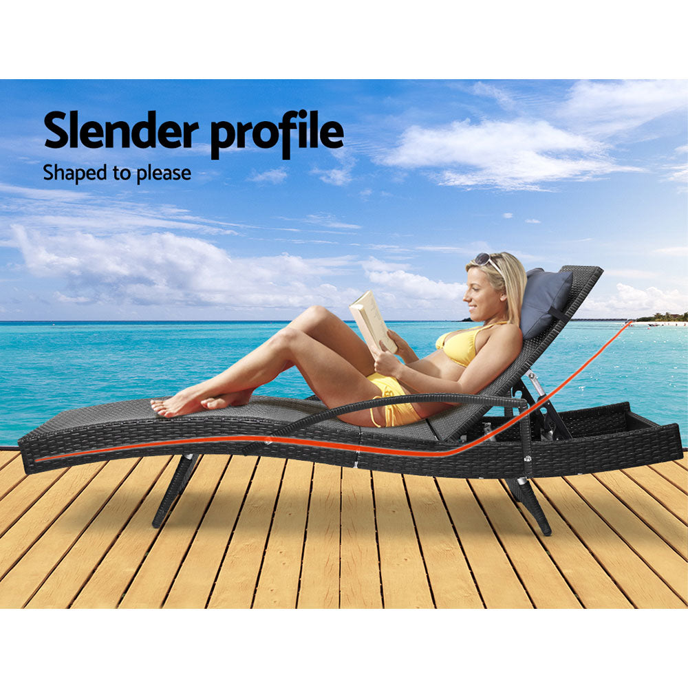 Gardeon 2x Sun Lounge Wicker Lounger Outdoor Furniture Beach Chair Armrest Adjustable Black