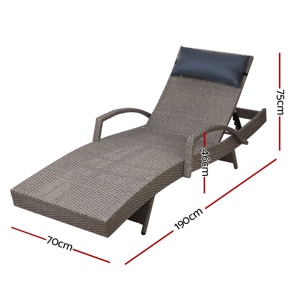 Gardeon Sun Lounge Wicker Lounger Outdoor Furniture Beach Armchair Adjustable Grey&Beige