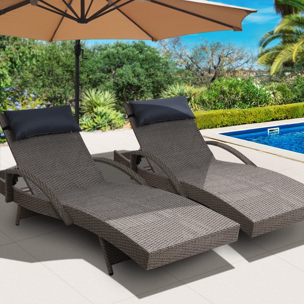 Gardeon 2x Sun Lounge Wicker Lounger Outdoor Furniture Beach Armchair Adjustable Grey&Beige