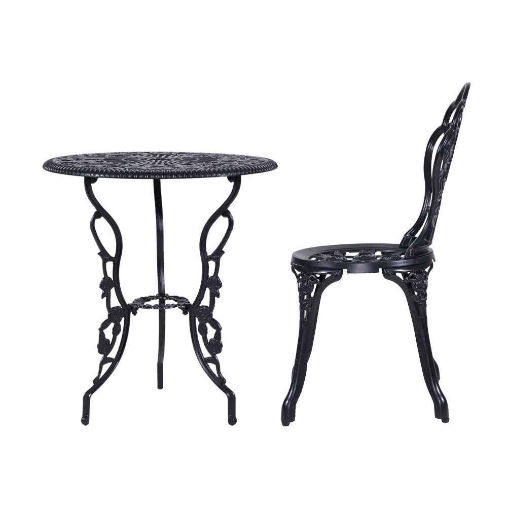 Gardeon 3PC Outdoor Setting Bistro Set Chairs Table Cast Aluminum Rose Black