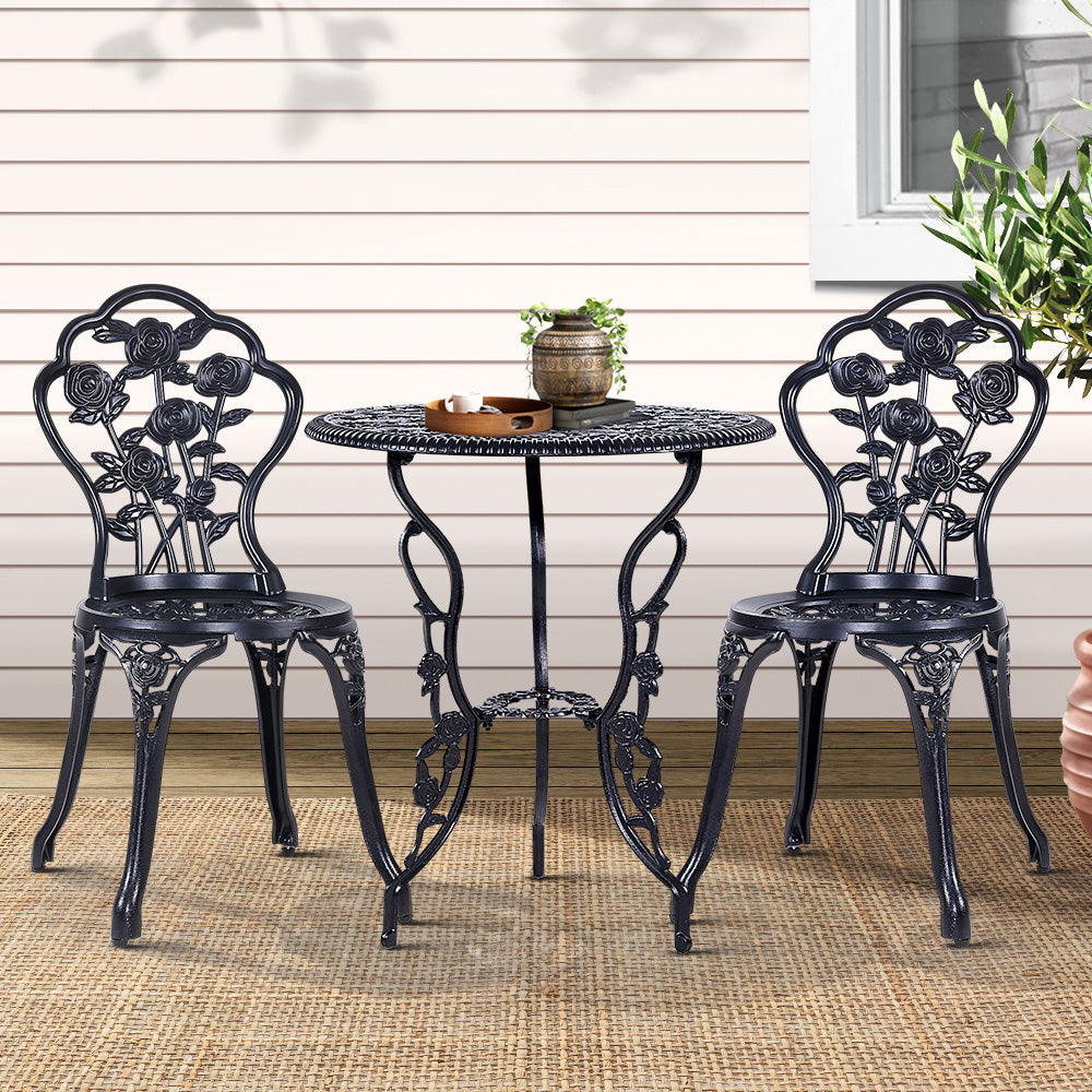 Gardeon 3PC Outdoor Setting Bistro Set Chairs Table Cast Aluminum Rose Black