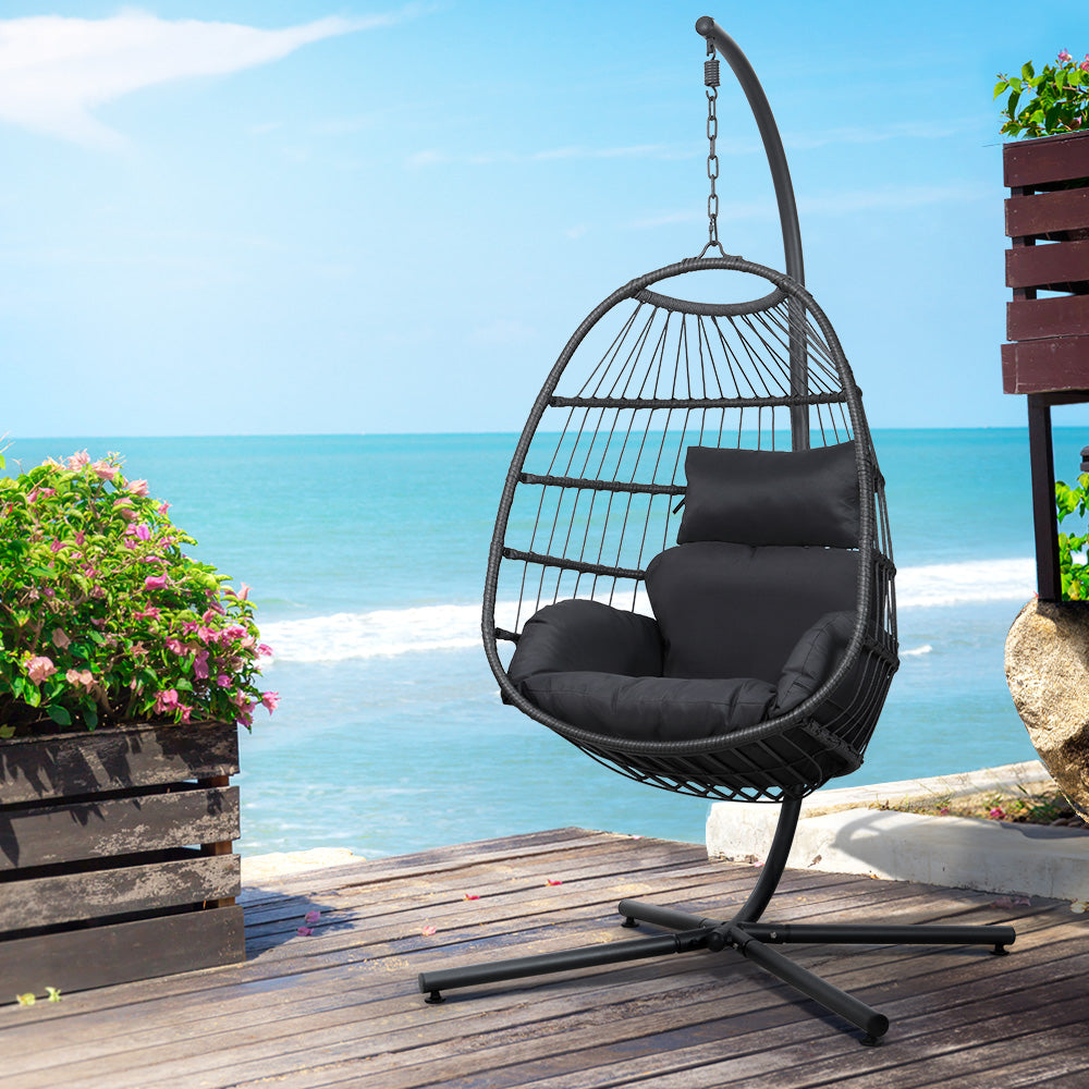 Gardeon Outdoor Egg Swing Chair Wicker Rattan Furniture Pod Stand Cushion Black