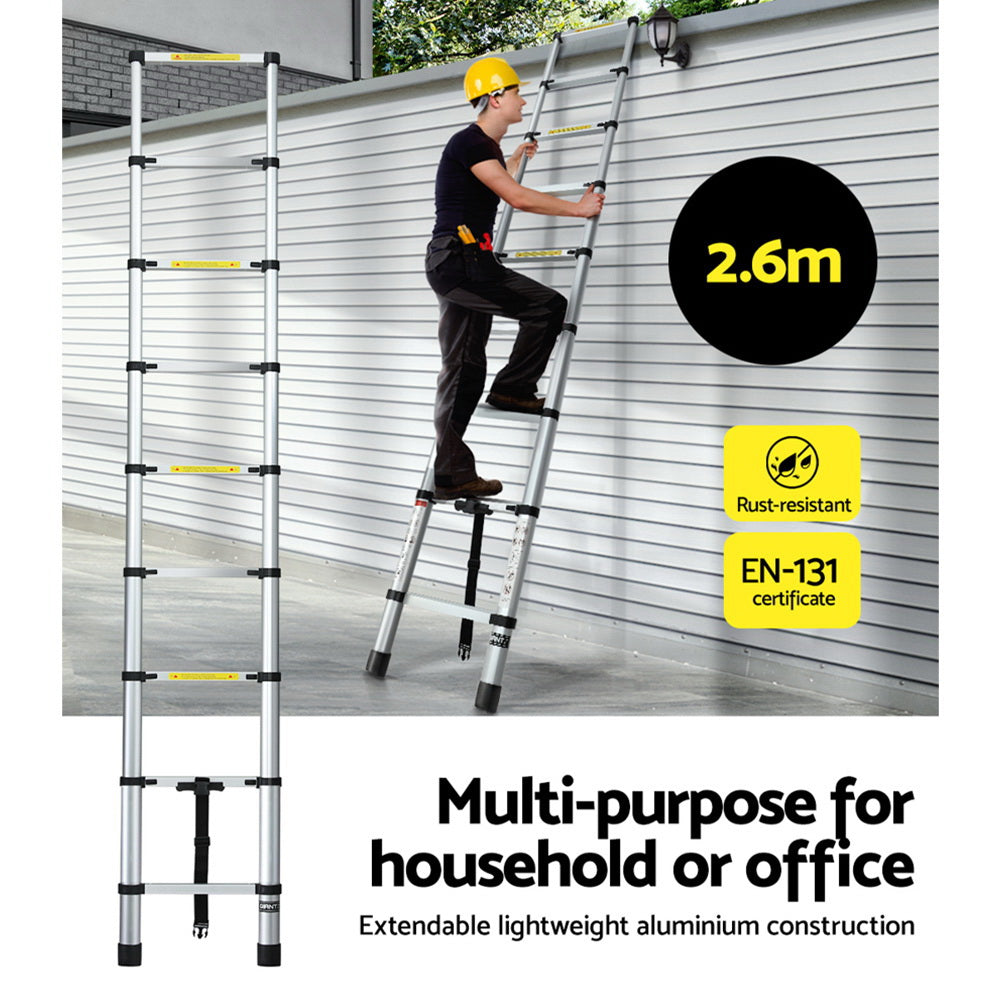 Giantz 2.6M Telescopic Ladder Aluminium Extension Extendable Steps Adjustable Height