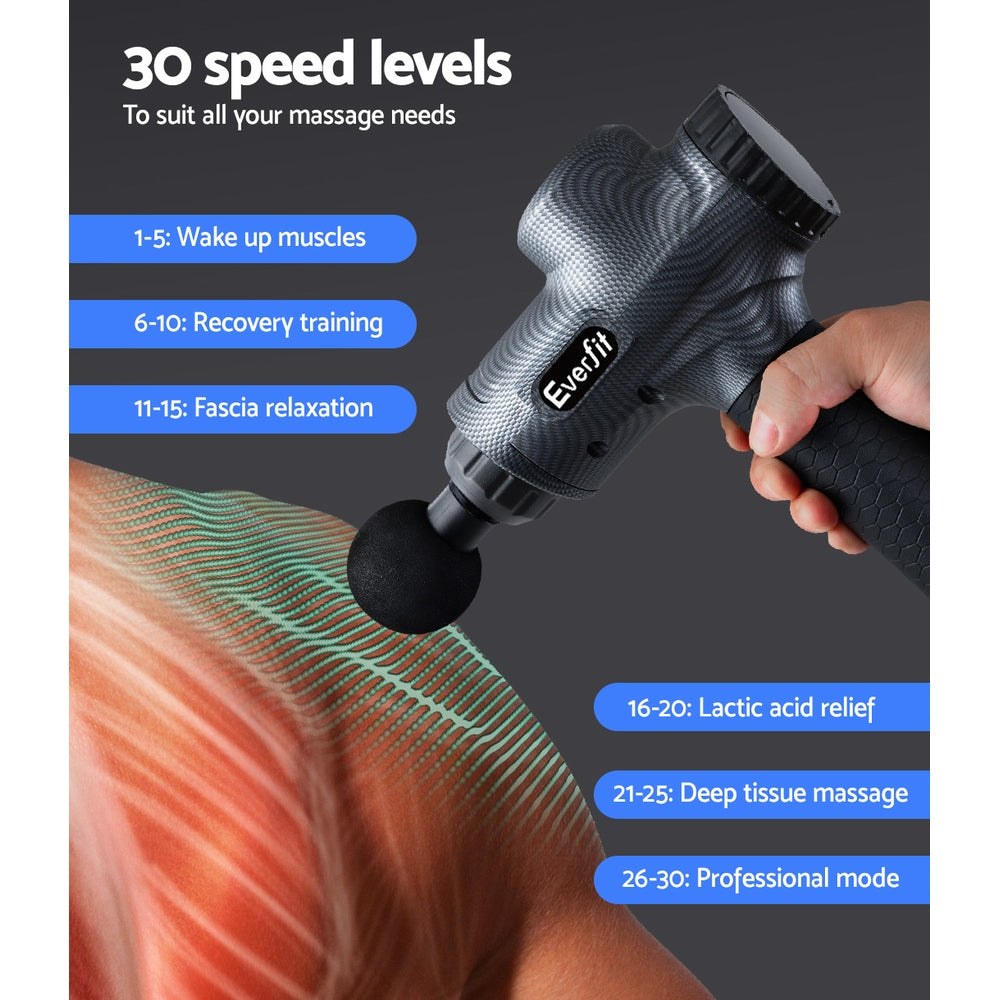 Everfit Massage Gun 30 Speed 6 Heads Vibration Muscle Massager Chargeable Grey