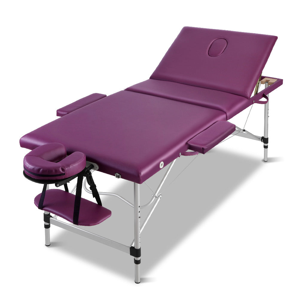 Zenses 3 Fold Portable Aluminium Table Massage Bed Beauty Therapy Purple 75cm