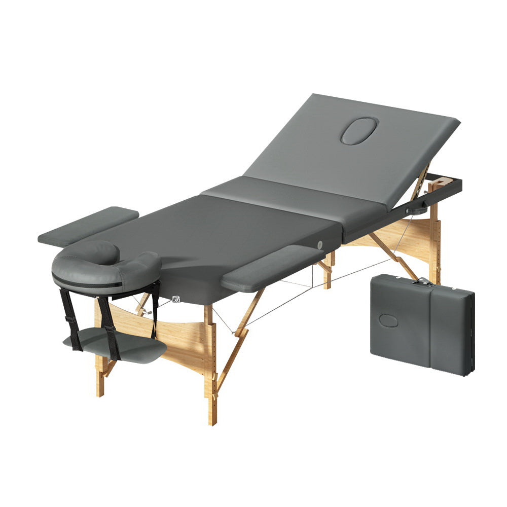 Zenses Massage Table 75cm Portable 3 Fold Wooden Beauty Bed Grey