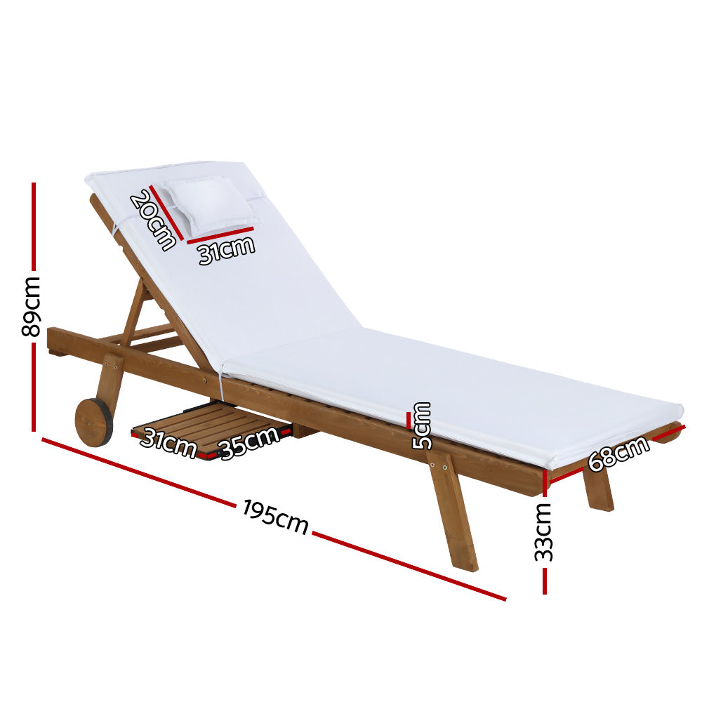 Gardeon 2x Sun Lounge Wooden Lounger Outdoor Furniture Day Bed Wheel Patio White