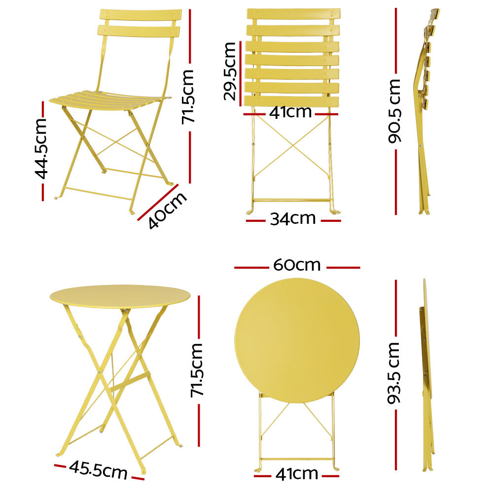 Gardeon 3PC Outdoor Bistro Set Steel Table and Chairs Patio Furniture Yellow