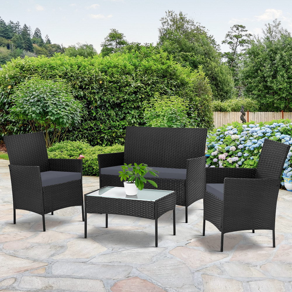 Gardeon 4 Seater Outdoor Sofa Set with Storage Cover Wicker Table Chair Black