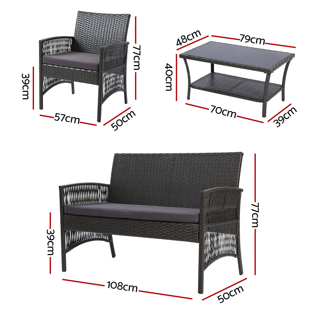 Gardeon 4PCS Outdoor Sofa Set Wicker Harp Chair Table Garden Furniture Grey