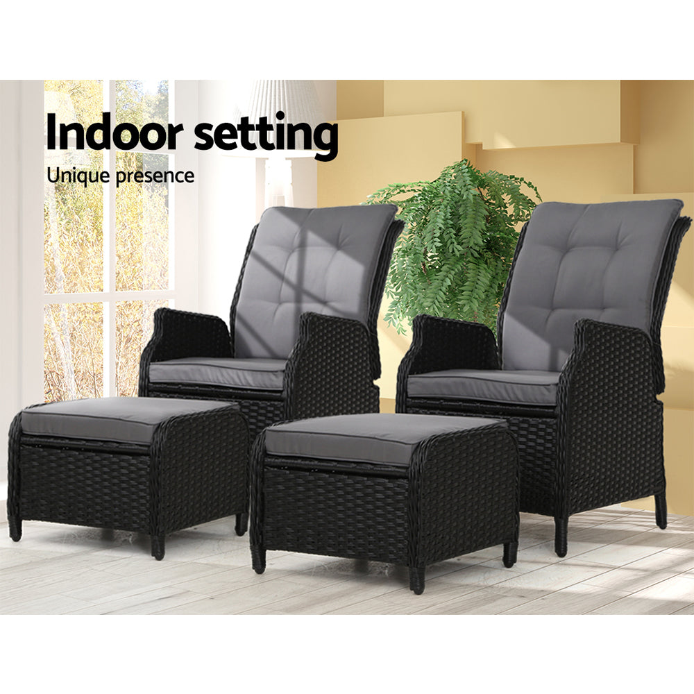 Gardeon 2PC Recliner Chair Sun lounge Wicker Lounger Outdoor Furniture Adjustable Black