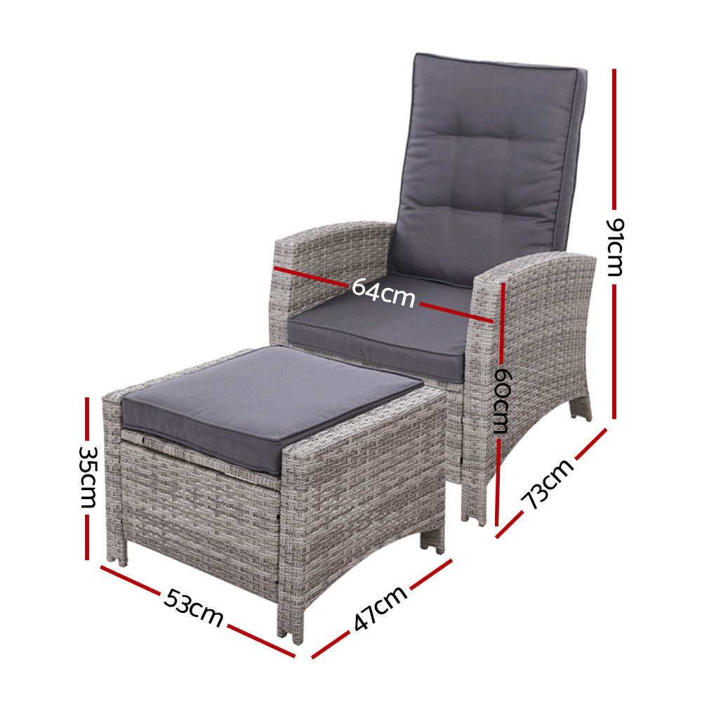 Gardeon 2PC Recliner Chairs Sun lounge Wicker Lounger Outdoor Furniture Adjustable Grey