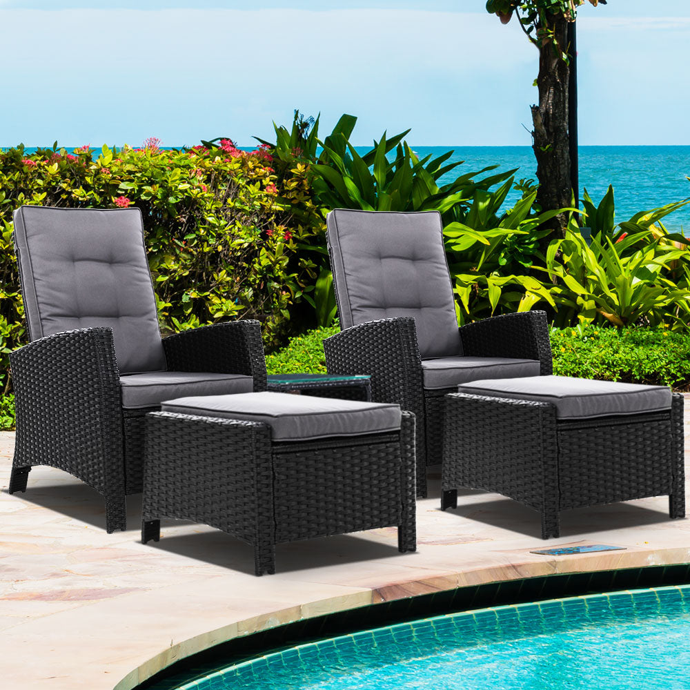 Gardeon 5PC Recliner Chairs Table Sun lounge Wicker Outdoor Furniture Adjustable Black