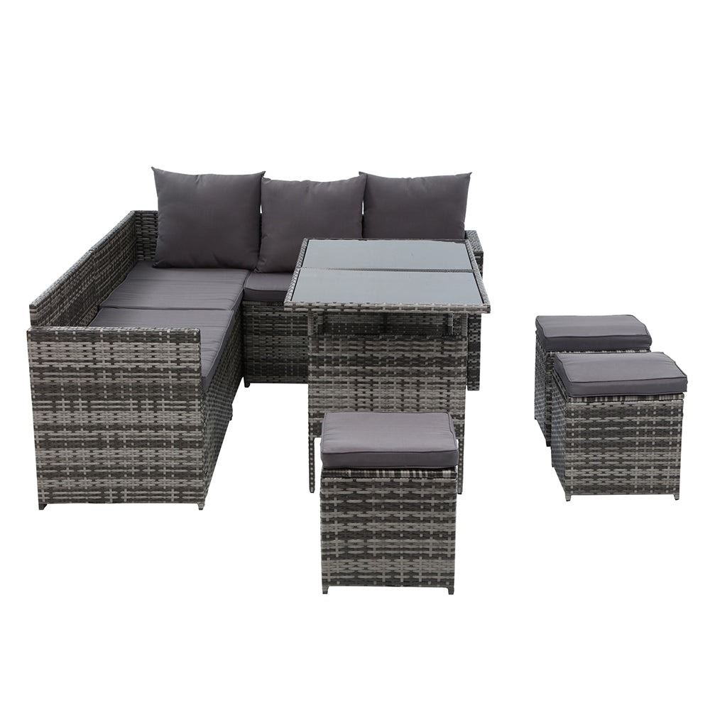 Gardeon Outdoor Dining Set Sofa Lounge Setting Chairs Table Ottoman Grey Cover