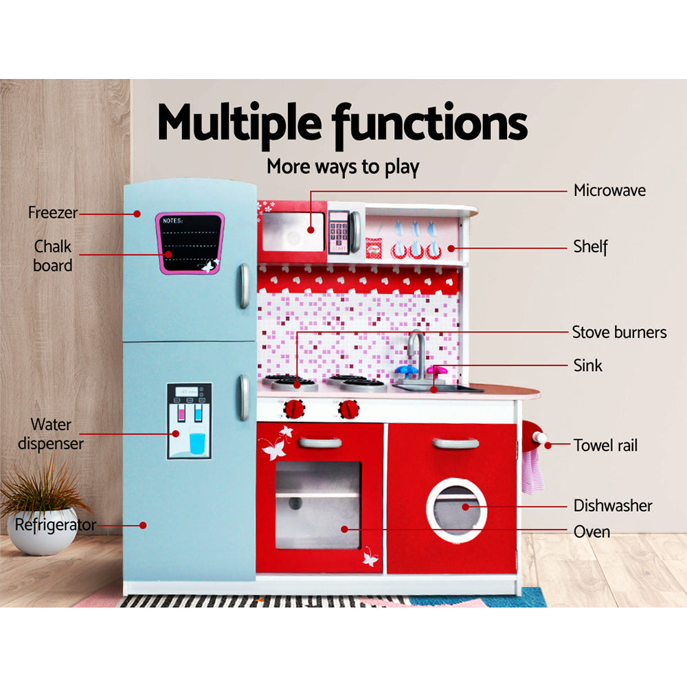 Keezi Kids Kitchen Play Set Wooden Pretend Toys Cooking Children Fridge Oven Red