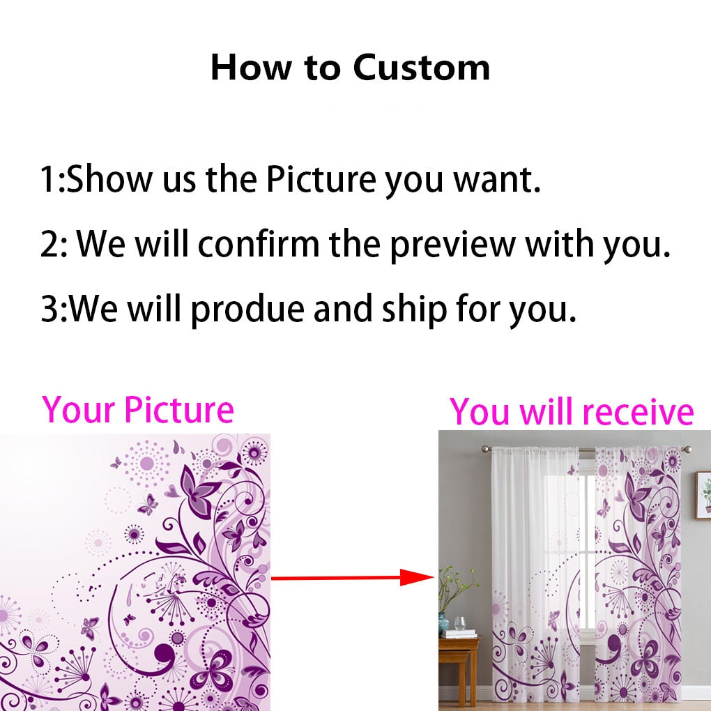 Custom Sheer Voile Printed Tulle Curtains x 2