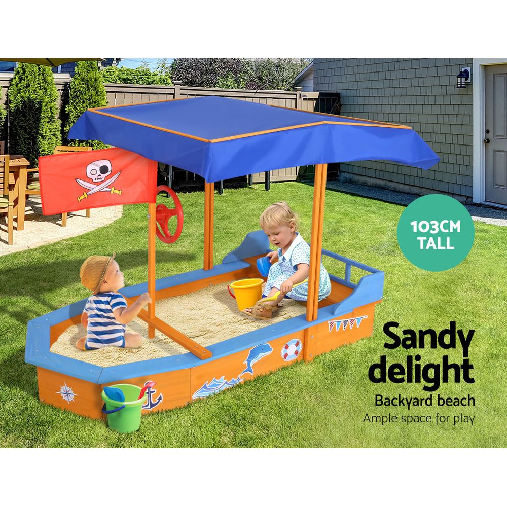 Keezi Kids Sandpit Wooden Boat Sand Pit with Canopy Bench Seat Beach Toys 150cm