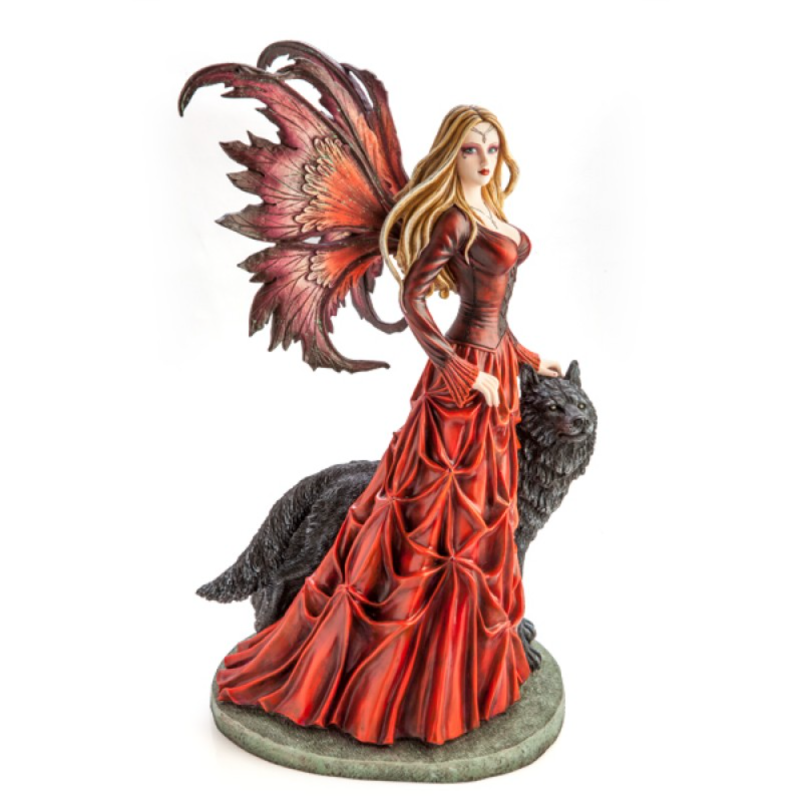 Large Red Fairy Princess with Black Wolf Figurine