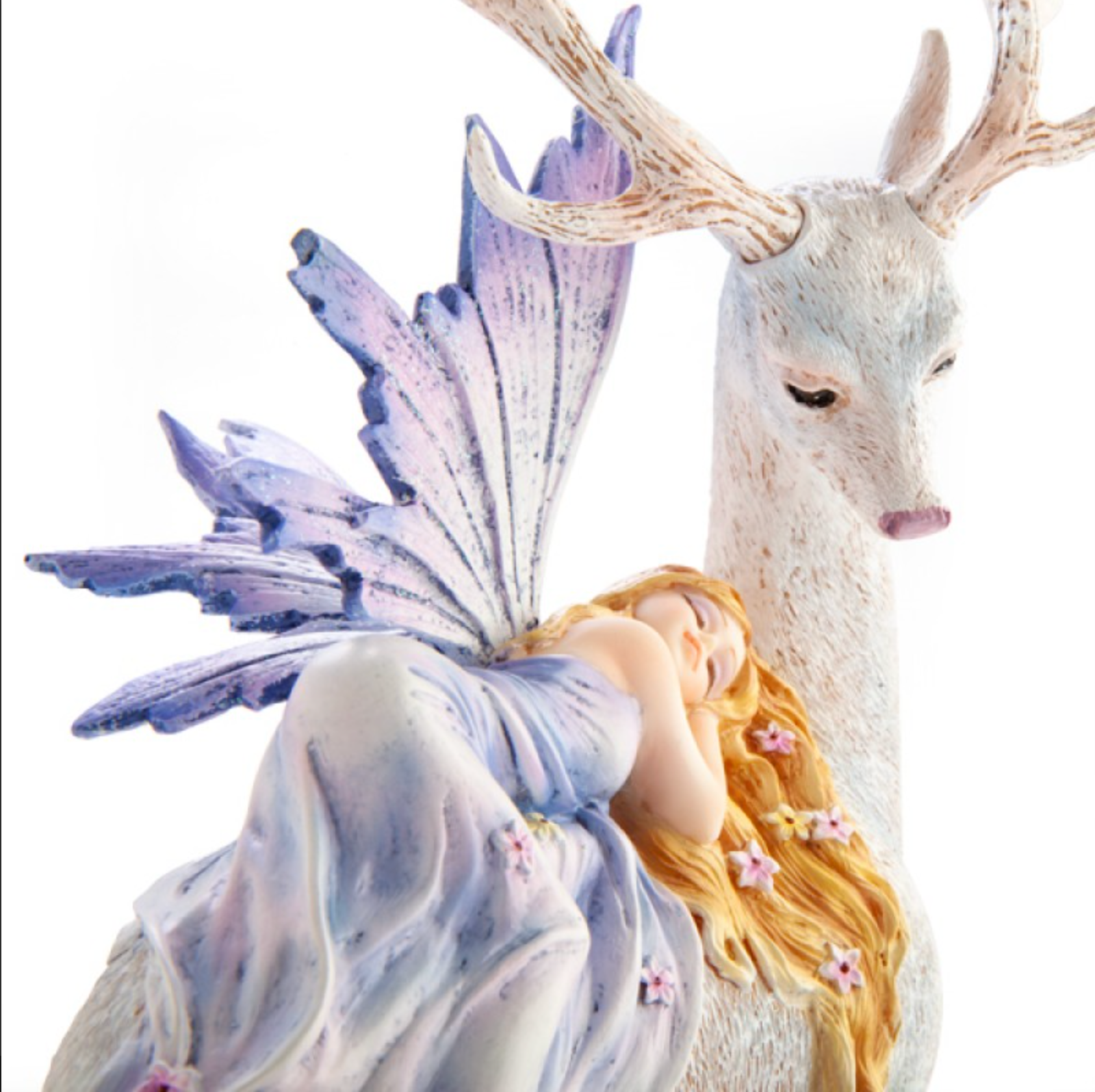 Woodland Fairy sleeping on Snow Deer Figurine