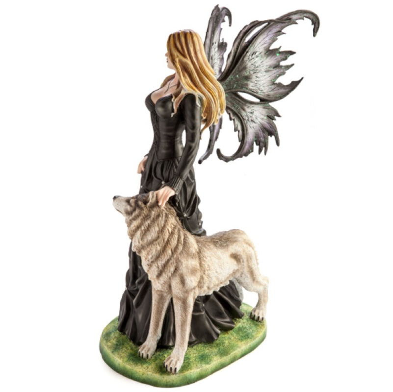 Large Black Fairy Princess with White Wolf Figurine