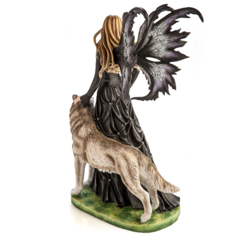 Large Black Fairy Princess with White Wolf Figurine