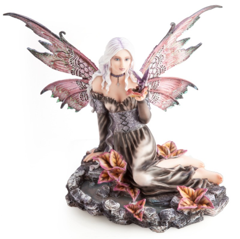 Fairy in Flower Rock Pond with Tiny Dragon Figurine