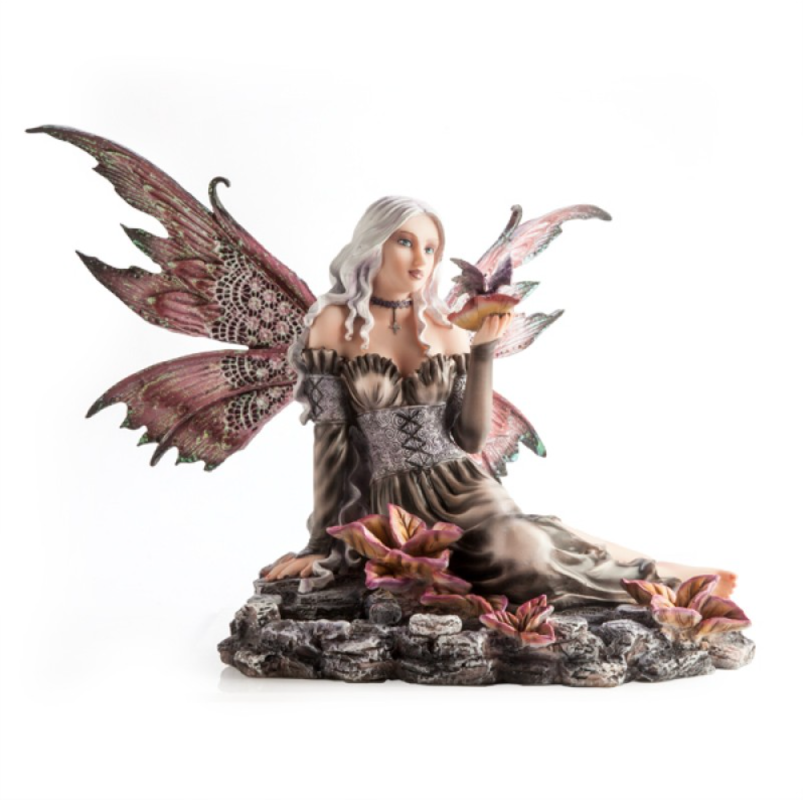 Fairy in Flower Rock Pond with Tiny Dragon Figurine