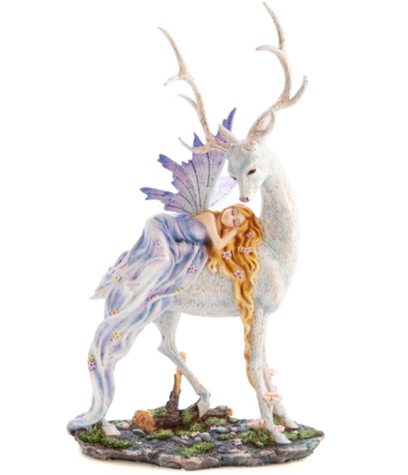 Woodland Fairy sleeping on Snow Deer Figurine