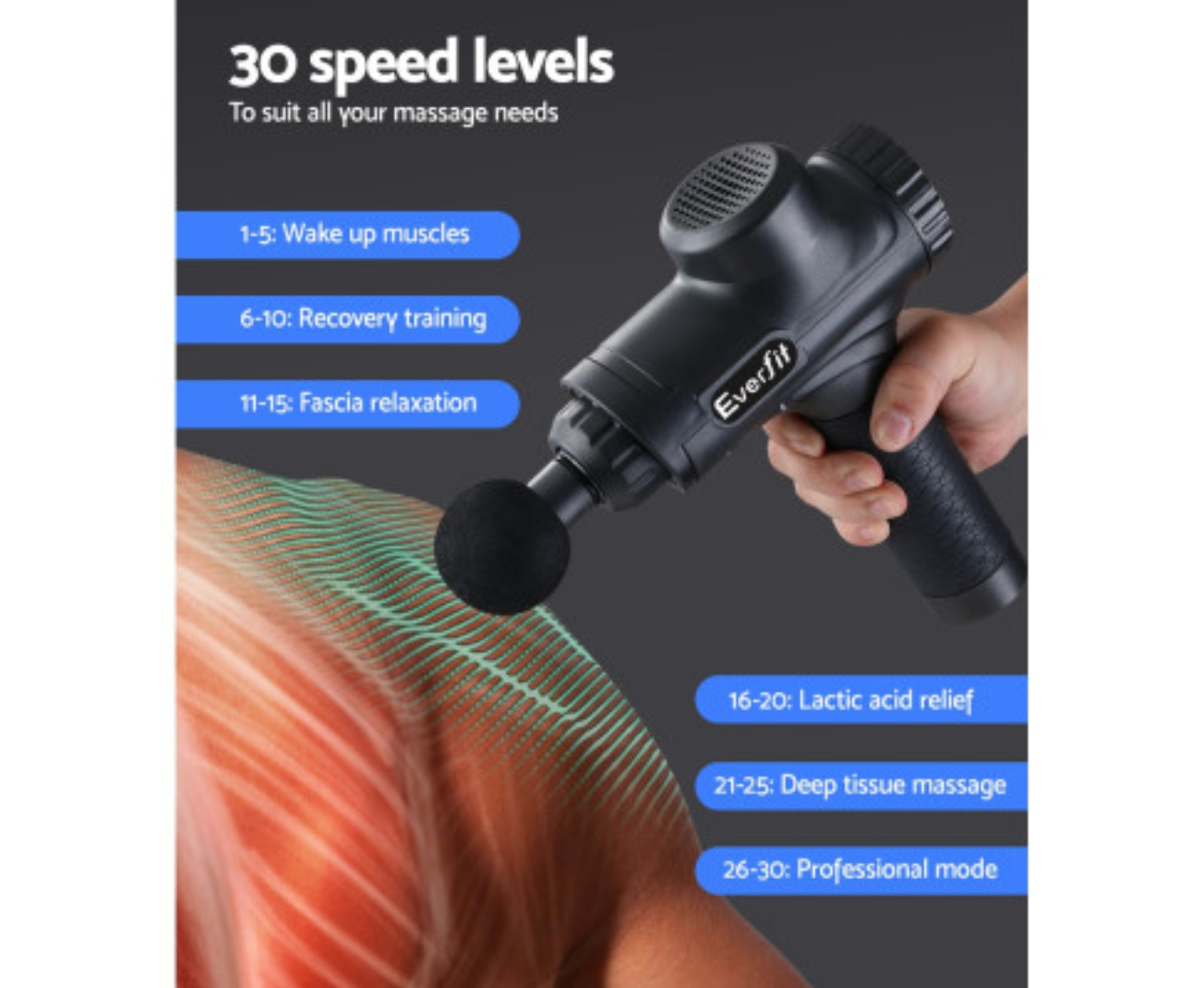 Everfit Massage Gun 30 Speed 6 Heads Vibration Muscle Massager Chargeable Black