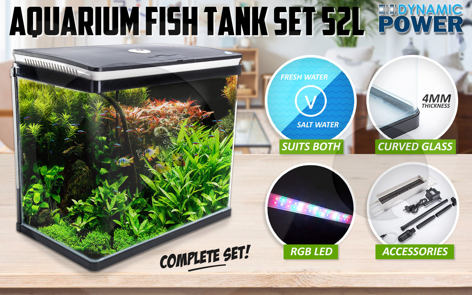 Aquarium Curved Glass RGB LED Fish Tank Set Filter Pump 52L