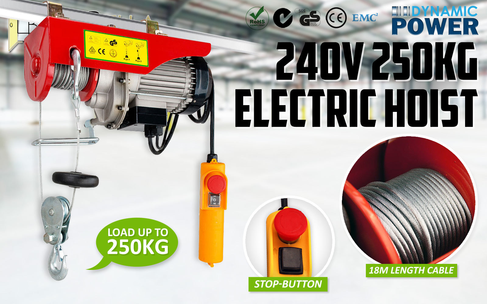 Electric Hoist Remote Chain Lift 240V 510w 125/250KG