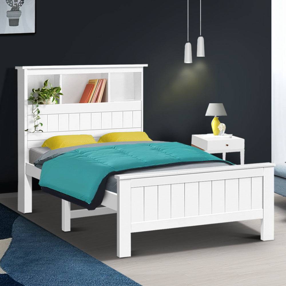 Artiss Bed Frame King Single Size Wooden with 3 Shelves Bed Head White